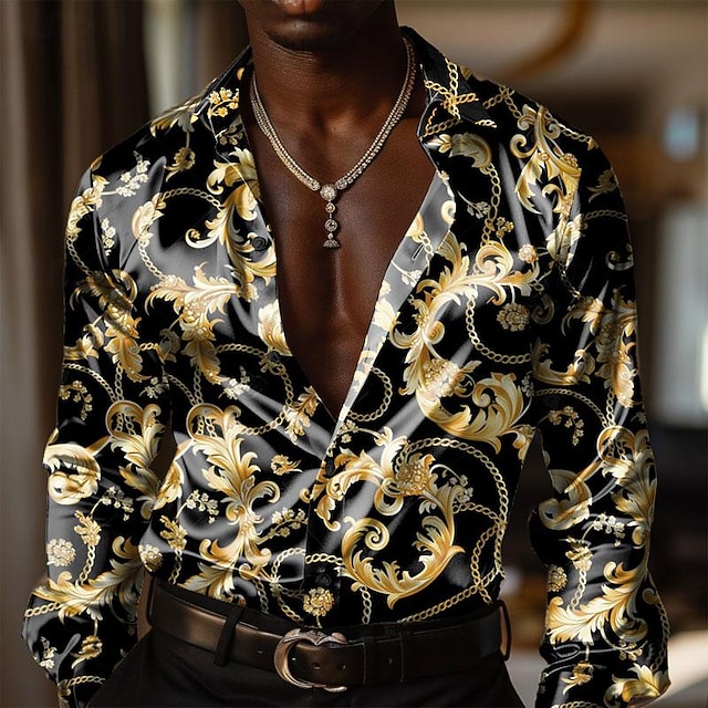 Men's Baroque Satin Shirt Button Up Shirt Long Sleeve Fashion Casual Formal Vacation Evening Party Summer Spring Fall Turndown Collared Shirts Buttons Print Black Yellow