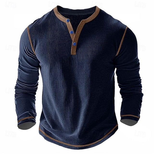 Men's T Shirt Henley Shirt Waffle Knit Tee Tee Top Long Sleeve Shirt Long Sleeve Color Block Solid Fashion Designer Basic Patchwork Henley Vacation Street Casual Spring & Fall Dark Gray Black White