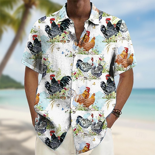Men's Animal Rooster Funny Summer Hawaiian Shirt Button Up Shirt Aloha Shirt Short Sleeve Hawaiian Vacation Beach Wear Summer Spring Turndown 3D Print Collared Shirts White Red