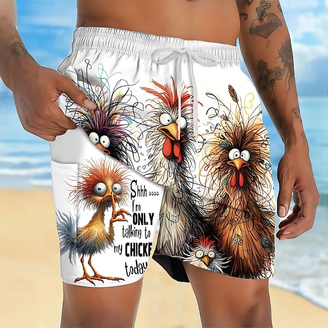 Men's Animal Chick Funny Lined Shorts 2 in 1 Board Shorts Swim Shorts Mid Waist Hawaiian Vacation Holiday Beach Wear Side Pockets With Compression Liner Elastic Drawstring Waist Designer Clothing
