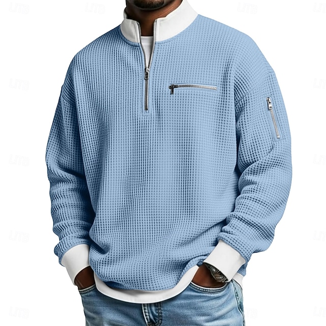 Men's Waffle T-shirt T Shirt Long Sleeve Half Zip Fall Fall & Winter Solid Color Traditional / Vintage Casual Color Block Zipper Pocket Outdoor Home Sports & Outdoor Light Blue Black Green Top Tee