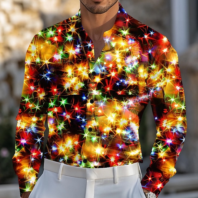 Christmas Men's Sparkling Glitter Christmas Light Shirt Satin Shirt Dress Shirt Long Sleeve Fashion Casual Outdoor Party Holiday Spring Fall Turndown 3D Print Button Up Shirts Red Blue Purple Orange