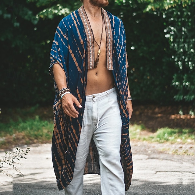 Men's Cloak / Capes Vacation Daily Breathability Print Summer Pattern Fashion Casual Long Blue Green Jacket