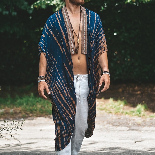 Men's Cloak / Capes Vacation Daily Breathability Print Summer Pattern Fashion Casual Long Blue Green Jacket