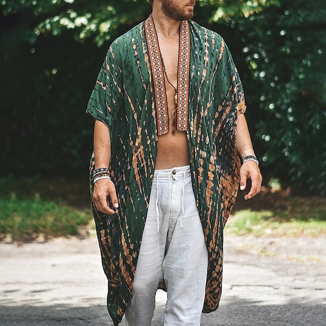 Men's Cloak / Capes Vacation Daily Breathability Print Summer Pattern Fashion Casual Long Blue Green Jacket
