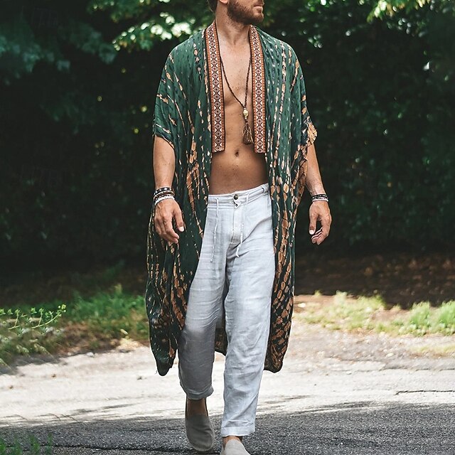 Men's Cloak / Capes Vacation Daily Breathability Print Summer Pattern Fashion Casual Long Blue Green Jacket
