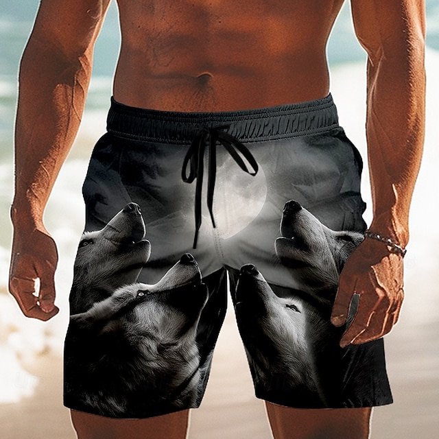 Men's Animal Wolf Moonlight Swim Trunks Swim Shorts Board Shorts Mid Waist Retro Vintage Outdoor Vacation Side Pockets Mesh Lining Elastic Drawstring Waist Designer Clothing Apparel