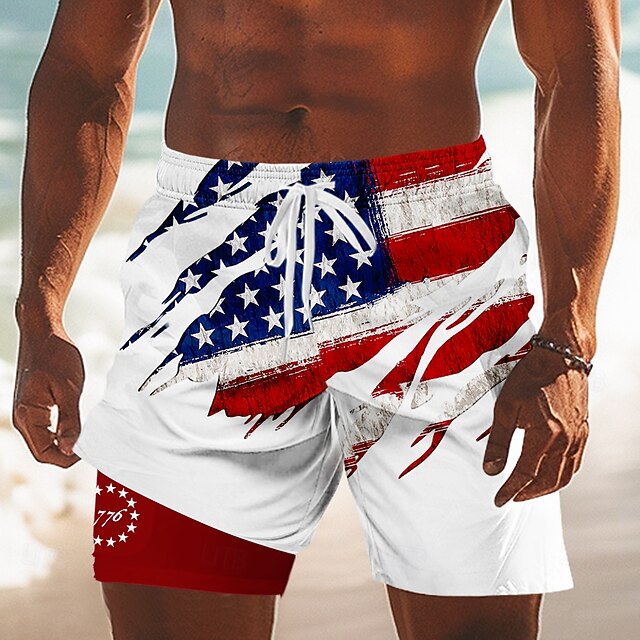 Independence Day Men's US Flag Patriotic Fourth of July Lined Shorts 2 in 1 Board Shorts Swim Trunks Mid Waist Holiday Side Pockets With Compression Liner Elastic Drawstring Waist Designer Clothing
