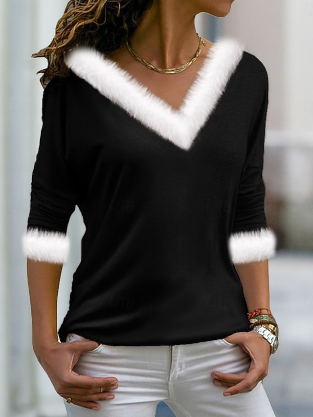 Christmas Women's Blouse Solid Color Stylish Casual Long Sleeve V Neck Regular Tops Daily Patchwork Black Red Spring Fall Winter