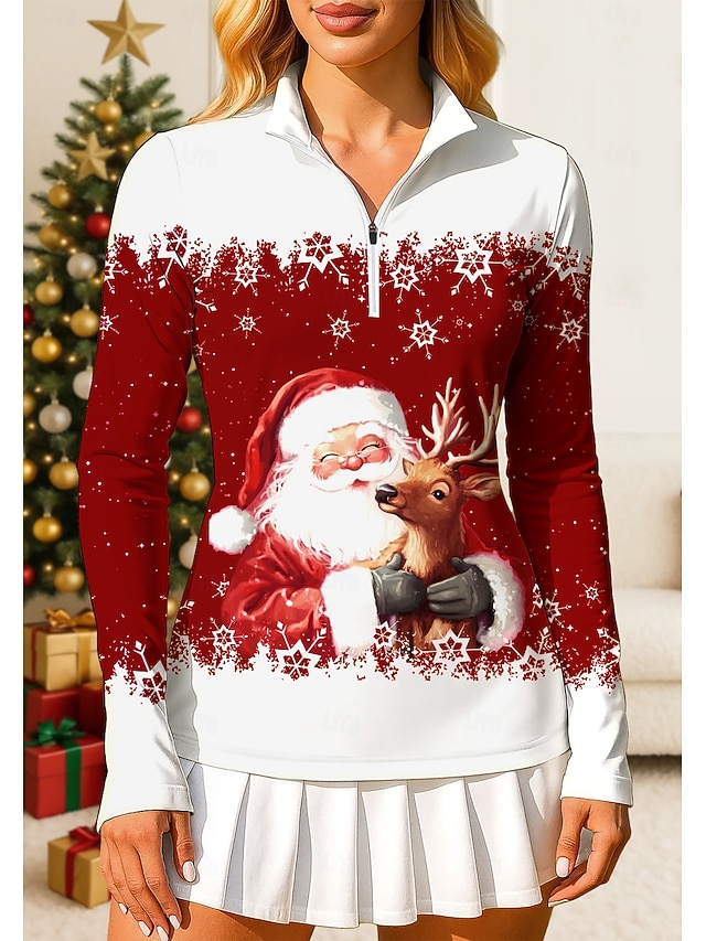 Christmas Women's Santa Claus 3D Print Polo Sweatshirt Tops Shirt Sport Shirt Long Sleeve Zipper Print Quarter Zip UPF50+ UV Resistant UV Protection Elastic Breathable Volleyball Tennis Golf Stand