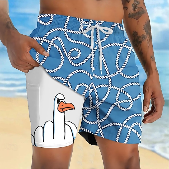 Men's Animal Funny Duck Lined Shorts 2 in 1 Board Shorts Swim Shorts Mid Waist Hawaiian Vacation Holiday Beach Wear Side Pockets With Compression Liner Elastic Drawstring Waist Designer Clothing