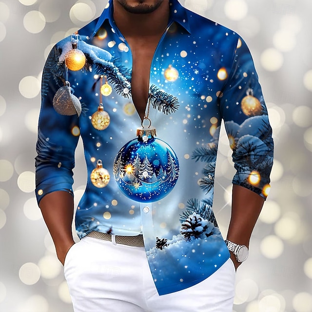 Christmas Men's Snowflake Christmas Light Christmas Baubles Shirt Satin Shirt Dress Shirt Long Sleeve Fashion Casual Party Holiday Summer Spring Fall Turndown 3D Print Button Up Shirts Blue Khaki