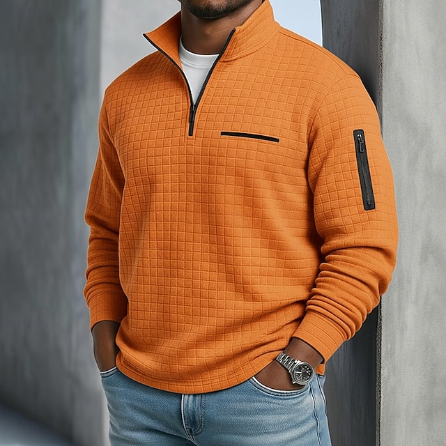 Men's Waffle Polo Shirts Textured Sports & Outdoor Casual Quarter Zip Long Sleeve Fashion Comfortable Zip Up Pocket Spring & Fall Cross-Seasons Fall & Winter Black White Navy Blue Purple Orange