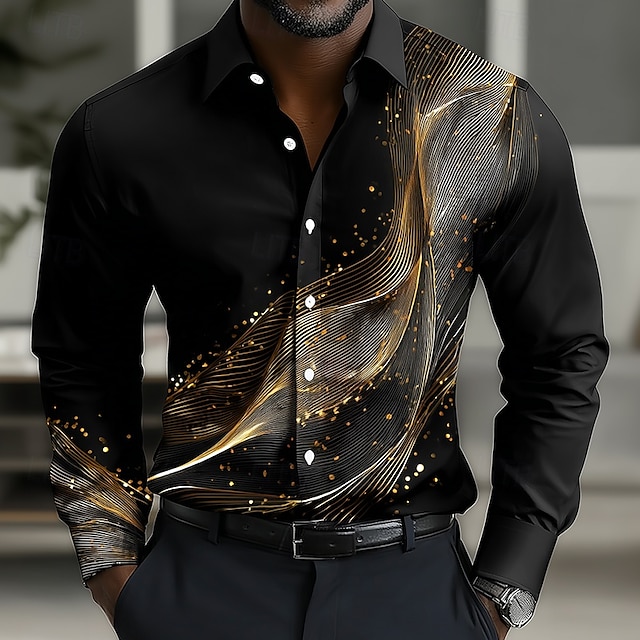 Men's Geometric Gradient Waves Shirt Button Up Shirt Casual Dress Shirt Long Sleeve Fashion Casual Vacation Daily Streetwear Summer Spring Turndown 3D Print Collared Shirts Black