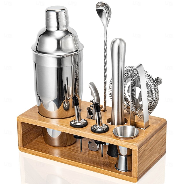 10-Piece Cocktail Shaker Set with Bamboo Stand - Mixology Bartender Kit