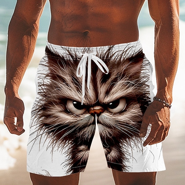 Men's Animal Angry Face Puffy Cat Swim Trunks Swim Shorts Board Shorts Mid Waist Funny Outdoor Vacation Side Pockets Mesh Lining Elastic Drawstring Waist Designer Clothing Apparel