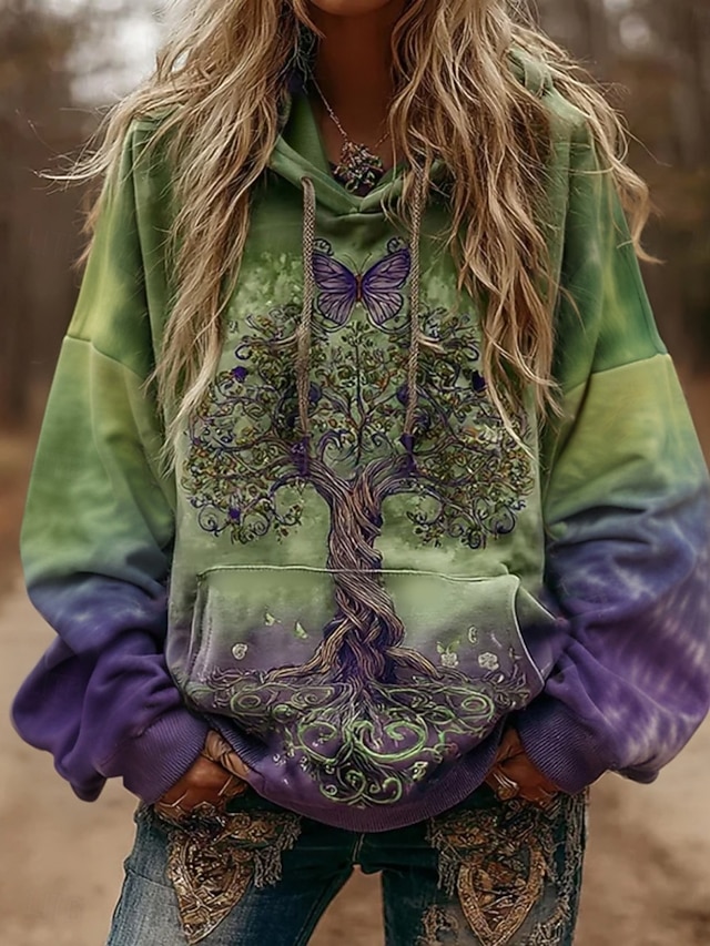 Women's Hoodies Graphic Vintage Daily Casual Long Sleeve V Neck Regular Tops Tribal Tree Of Life Vintage Designer Basic Print Vacation Street Going out Daily Holiday Print Green Fall Winter