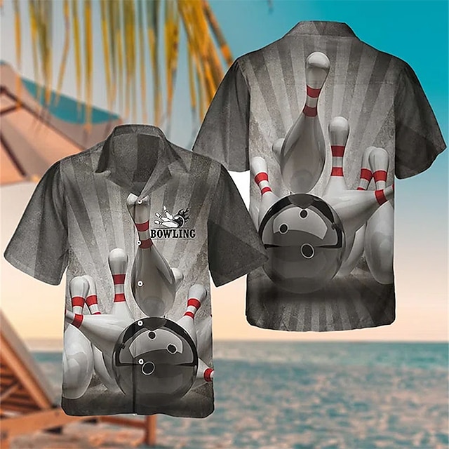 Men's Bowling Ball Shirt Button Up Shirt Short Sleeve Fashion Designer Casual Outdoor Casual Daily Spring & Summer Turndown 3D Button-Down Gray
