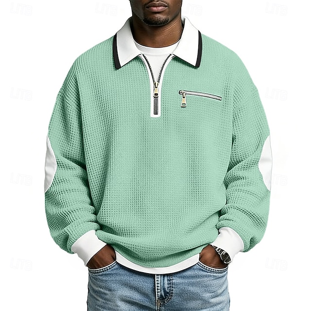 Men's T Shirt Casual Vacation Turndown Long Sleeve Leisure Comfortable Solid Color Color Block Zipper Pocket Spring Fall Fall & Winter Regular Fit Light Green Purple Dark Blue Light Blue T Shirt