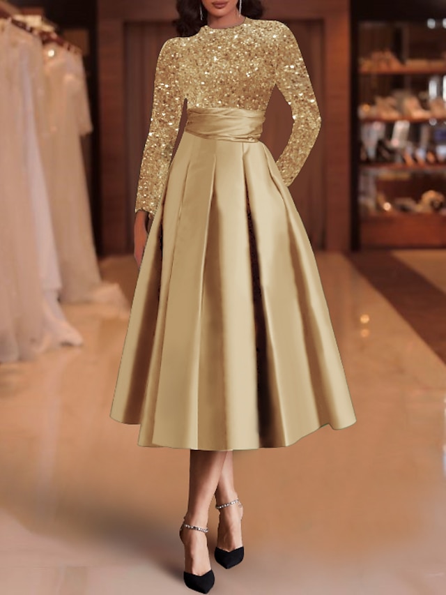 A-Line Tea Length Cocktail Dresses Party Dresses Elegant Sparkle Long Sleeve Jewel Neck Christmas Wedding Guest Satin with Pleats Sequin