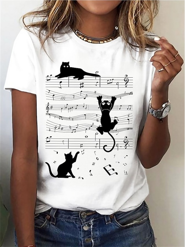 Women's T Shirt Basic Cat Print Short Sleeve Regular Tops Round Neck Daily Weekend White