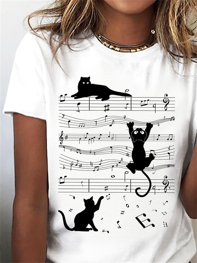 Women's T Shirt Basic Cat Print Short Sleeve Regular Tops Round Neck Daily Weekend White