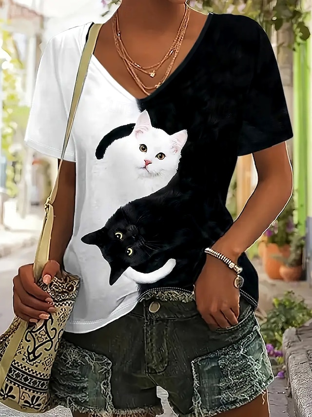 Women's T Shirt Basic Casual Color Block Cat Print Short Sleeve Regular Tops V Neck Daily Black and White Blue Orange Summer