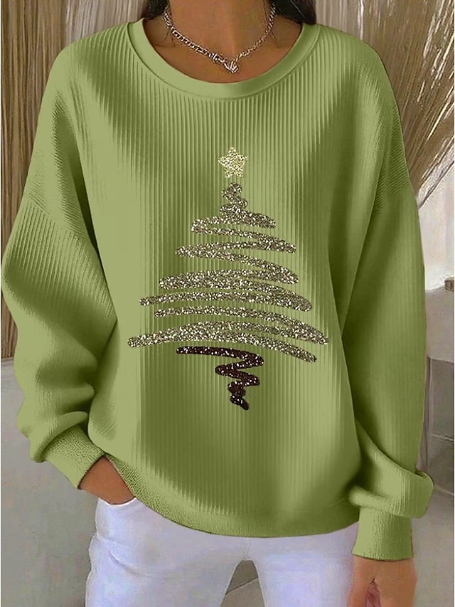 Christmas Women's Pullover Sweatshirt Graphic Casual Long Sleeve Crew Neck Regular Tops Street Dailywear Casual Black White Light Green Red Fall Winter