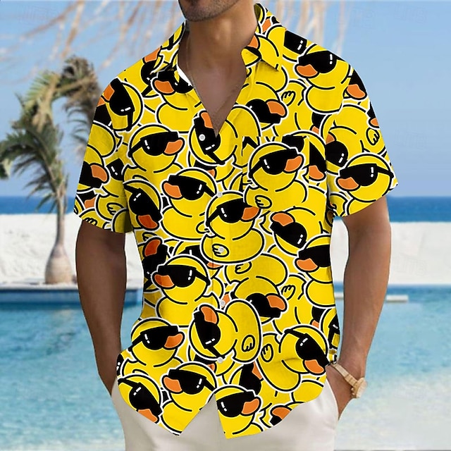 Men's Animal Funny Duck Shirt Button Up Shirt Short Sleeve Fashion Casual Vacation Streetwear Beach Wear Summer Fall Turndown 3D Print Collared Shirts Front One Pocket Yellow