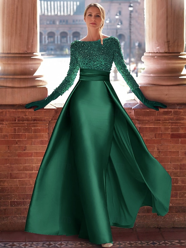 A-Line Satin Evening Gown Elegant Fall Wedding Guest Dress Formal Floor Length Long Sleeve Jewel Neck with Glitter Slit