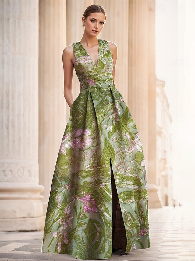 Jacquard Brocade Floral A-Line Evening Gown Elegant Dress Formal Wedding Floor Length Sleeveless V Neck Nylon with Slit Pocket Wedding Guest Dress