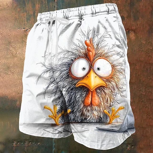 Men's Animal Novelty Frizzle Chickens Swim Trunks Swim Shorts Board Shorts Mid Waist Funny Outdoor Vacation Side Pockets Mesh Lining Elastic Drawstring Waist Designer Clothing Apparel