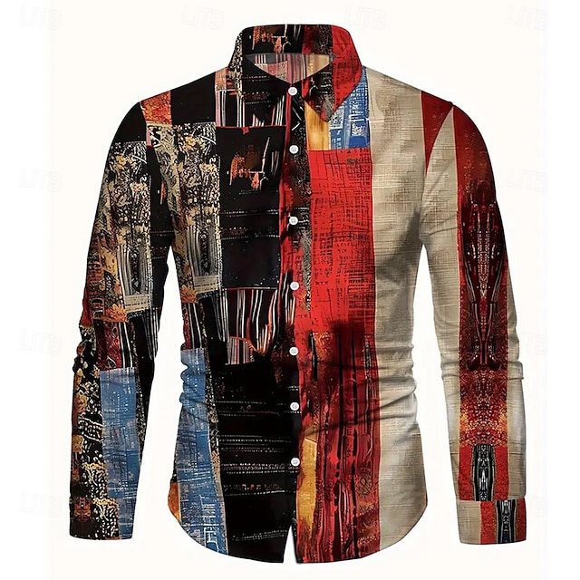 Men's Color Block Patchwork Shirt Button Up Shirt Casual Dress Shirt Long Sleeve Fashion Casual Vacation Daily Streetwear Summer Spring Turndown 3D Print Collared Shirts Blue Red Orange Green
