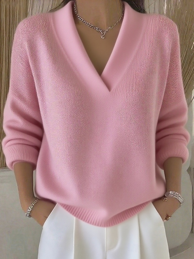 Women's Sweater Casual Soft Pure Color Ribbed V Neck Knitted Long Sleeve Regular Tops Knit Outdoor Daily Weekend Black Pink Fall Winter