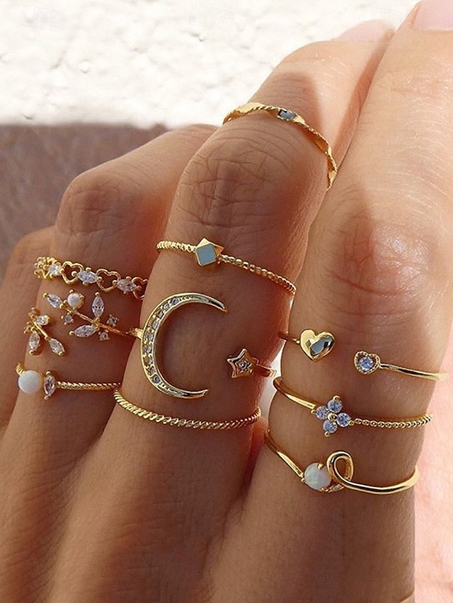 Gold-Plated Stacking Rings Set for Women 鈥?Rhinestone and Pearl-Embellished Adjustable Rings, Trendy Boho Style for Casual and Formal Occasions