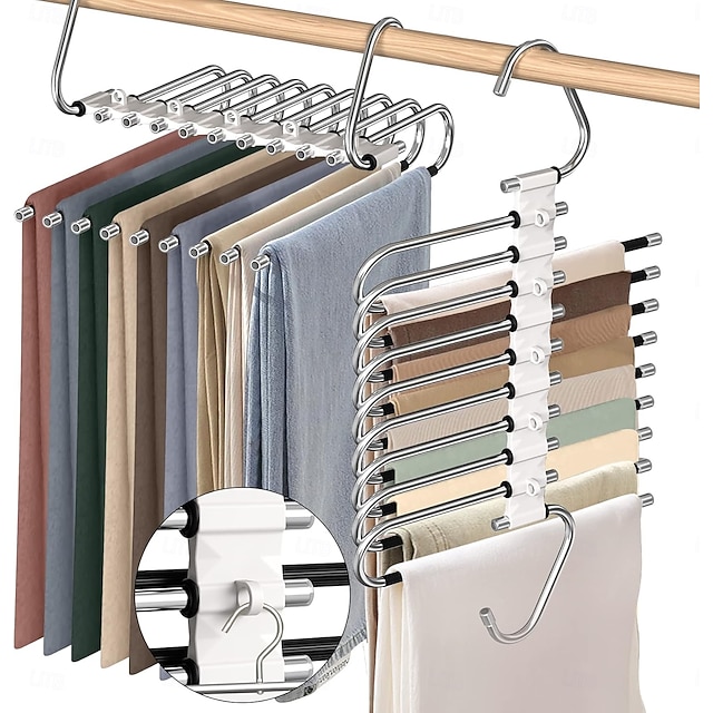 2 Pack Pants Hangers Space Saving 9 Layers Multifunctional Pant Rack Stainless Steel Closet Organizer for Pants Jeans Leggings Trousers, Antiquewhite