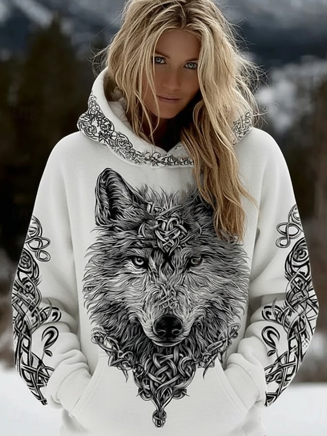 Women's Viking Wolf Hoodie Sweatshirt Graphic Animal Geometric Vintage Casual Boho Long Sleeve Hooded Regular Tops Casual Street Patchwork Print Front Pocket Black White Spring Fall Winter