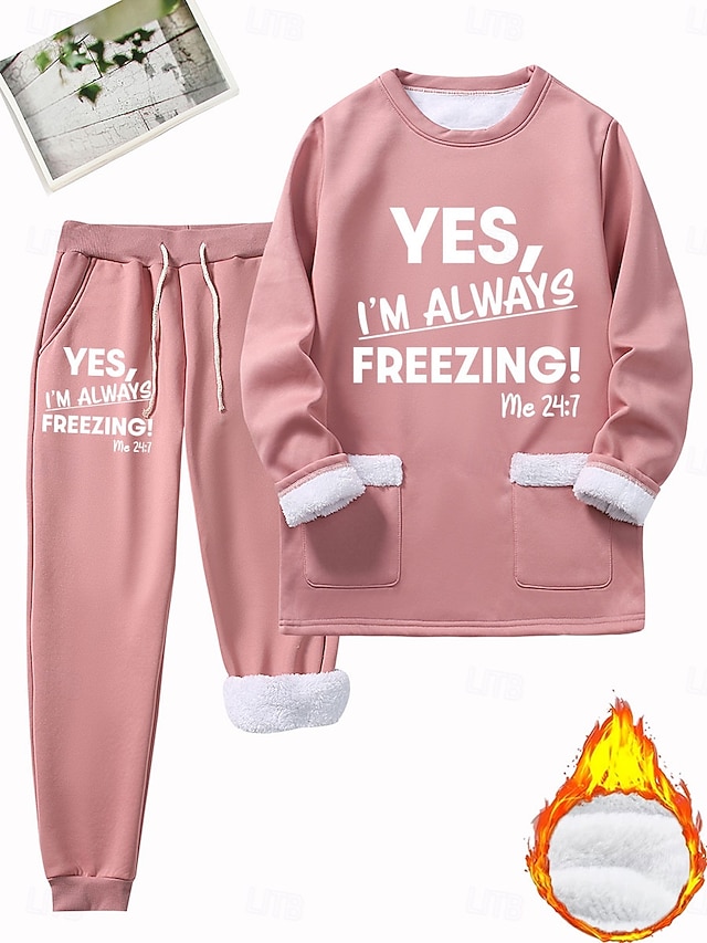 Women's Warm Daily Two Piece Sets Tracksuit Pants Sets Long Sleeve Crew Neck Graphic Letter Drawstring Print Casual Daily Black Dark Pink Blue Fall Regular Fit