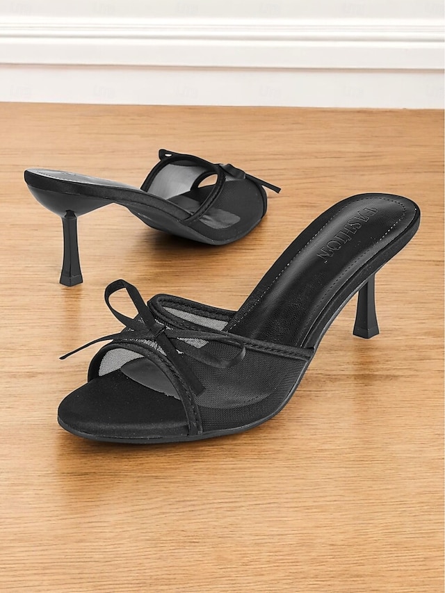 Black Mesh High Heels with Satin Bow Detail 鈥?Chic Open-Toe Party Shoes for Women, Perfect for Evening Events and Social Gatherings