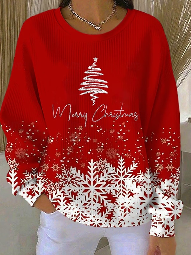 Christmas Women's Pullover Graphic  Warm Classic Casual Long Sleeve Crew Neck Regular Tops Home Street Dailywear Print Red Blue Purple Green Fall Winter