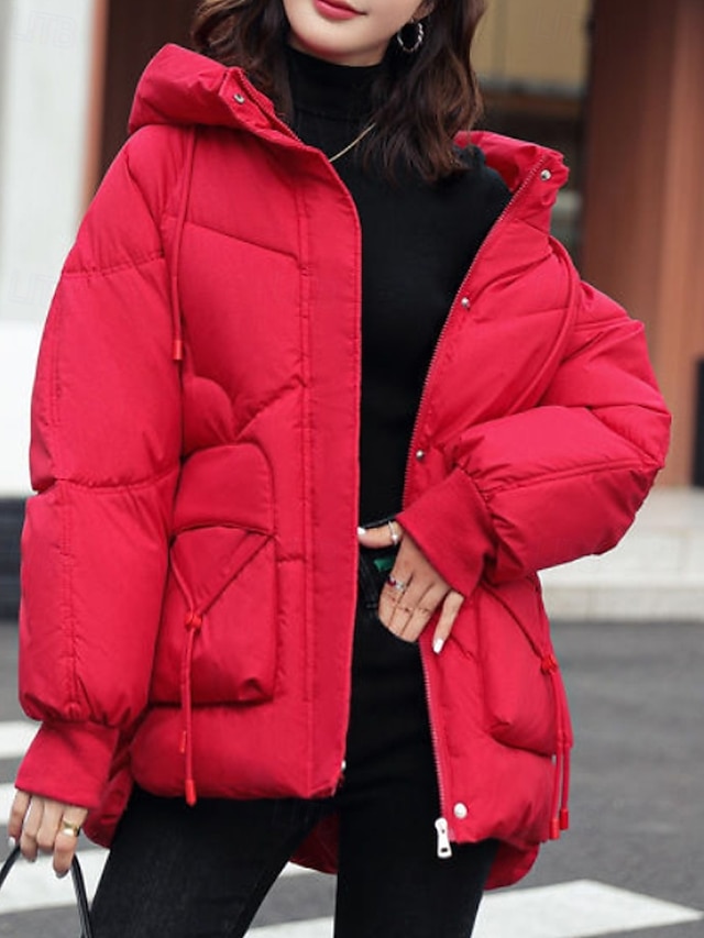 Women's Winter Coat Down Jacket Puffer Jacket Warm Comfortable Zipper Pocket Buttons Casual Plain Outdoor Street Daily Wear Going out Regular Hooded Loose Fit Long Sleeve Outerwear Blue Black White