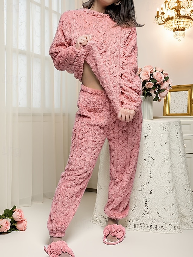 Women's Pajamas Loungewear Fuzzy Fleece Flannel Pajama Set Casual Pure Color Elastic Waist Pant Vacation Home Daily Long Sleeve Crew Neck White Pink Royal Blue Purple Khaki Fall Winter Loose Fit
