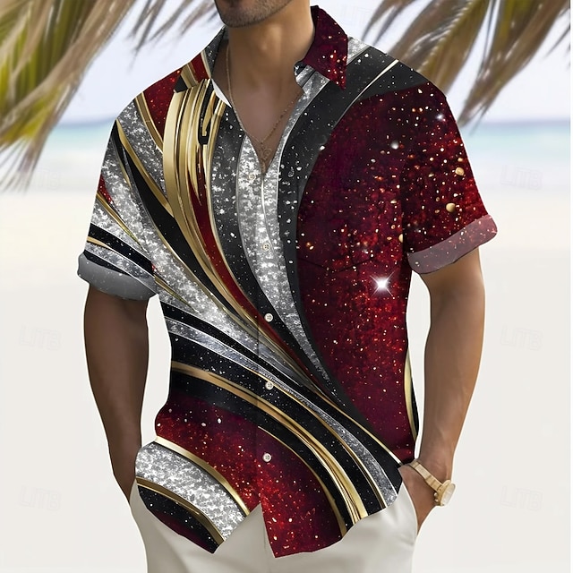Men's Geometric Glitter Shine Line Shirt Summer Shirt Button Up Shirt Short Sleeve Fashion Casual Outdoor Vacation Dailywear Summer Spring Turndown 3D Print Collared Shirts Front One Pocket Wine