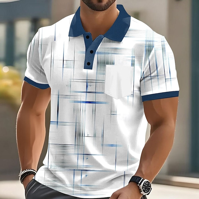 Men's Geometic Line Polo Short Sleeve Polo Shirts Collared Shirts Business Casual Outdoor Athleisure Daily Wear Pocket 3D Print Buttons Summer Blue Black Purple