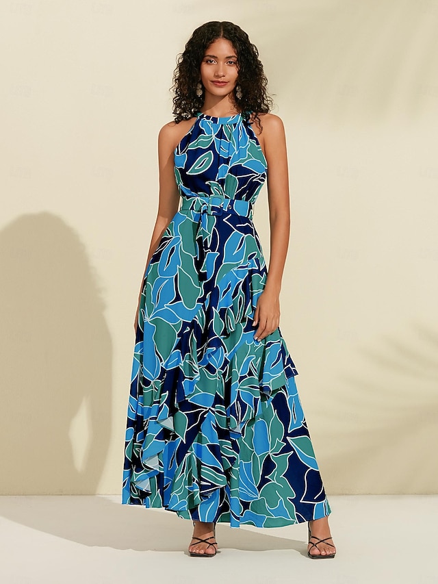 Women's Chiffon Dress Maxi Dress Blue Sleeveless Floral Ruffle Printing Spring & Summer Round Pattern Dress XS S M