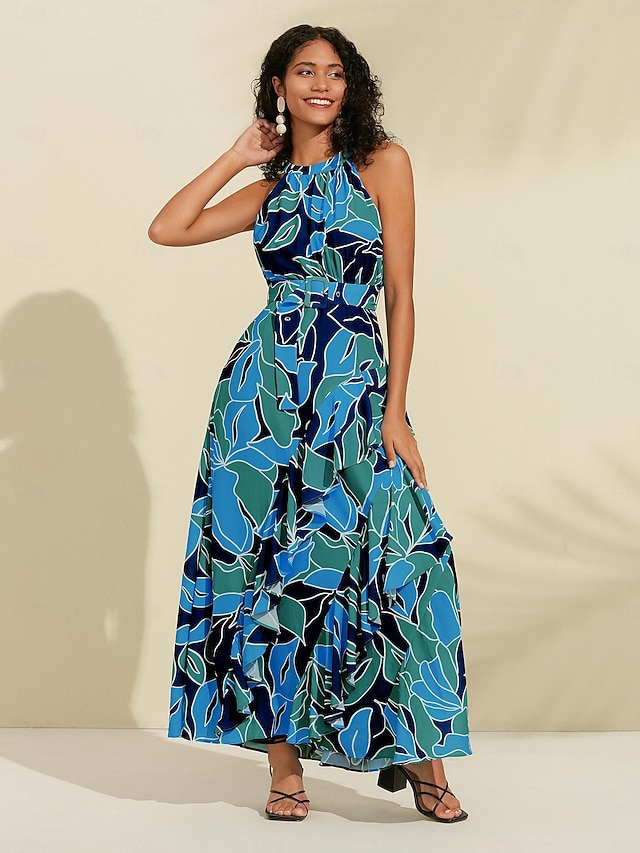 Women's Chiffon Dress Maxi Dress Blue Sleeveless Floral Ruffle Printing Spring & Summer Round Pattern Dress XS S M