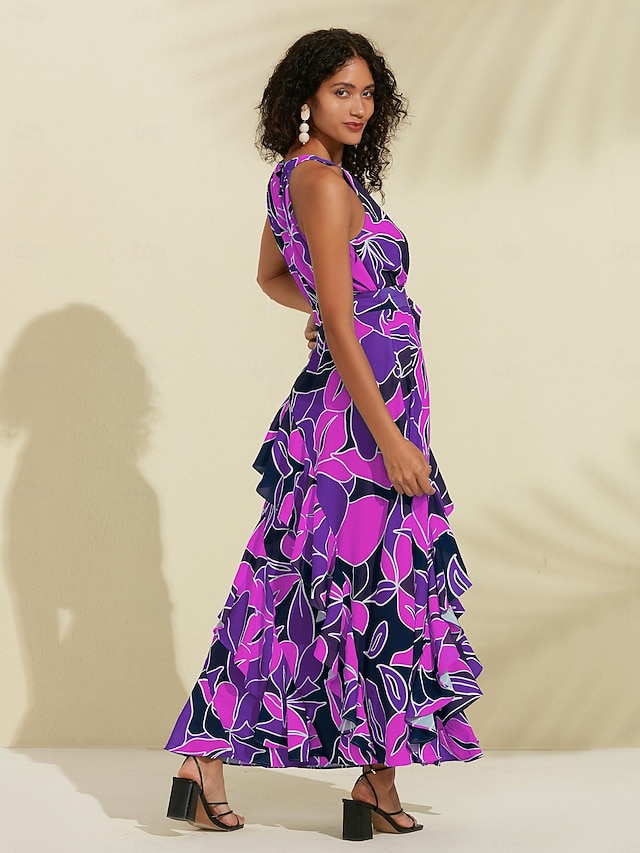 Women's Chiffon Dress Maxi Dress Blue Sleeveless Floral Ruffle Printing Spring & Summer Round Pattern Dress XS S M