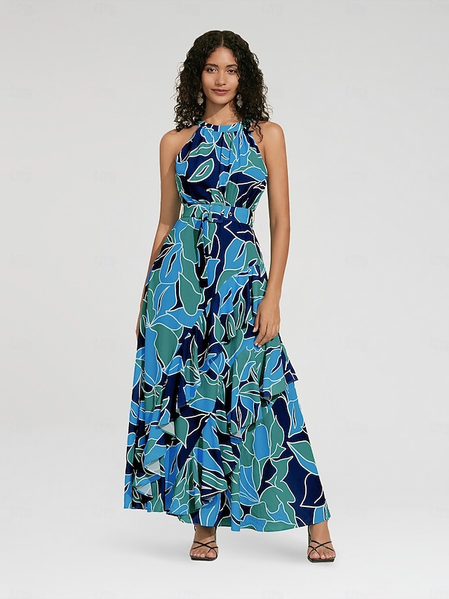 Women's Chiffon Dress Maxi Dress Blue Sleeveless Floral Ruffle Printing Spring & Summer Round Pattern Dress XS S M