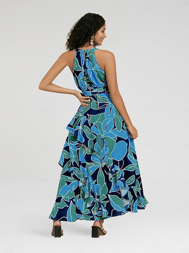 Women's Chiffon Dress Maxi Dress Blue Sleeveless Floral Ruffle Printing Spring & Summer Round Pattern Dress XS S M