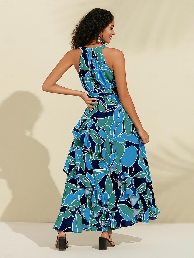 Women's Chiffon Dress Maxi Dress Blue Sleeveless Floral Ruffle Printing Spring & Summer Round Pattern Dress XS S M